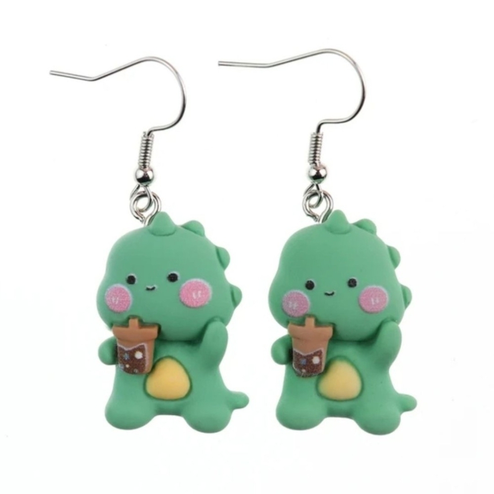 NWT! Dinosaur Drinking Boba Tea Dangle Earrings NEW